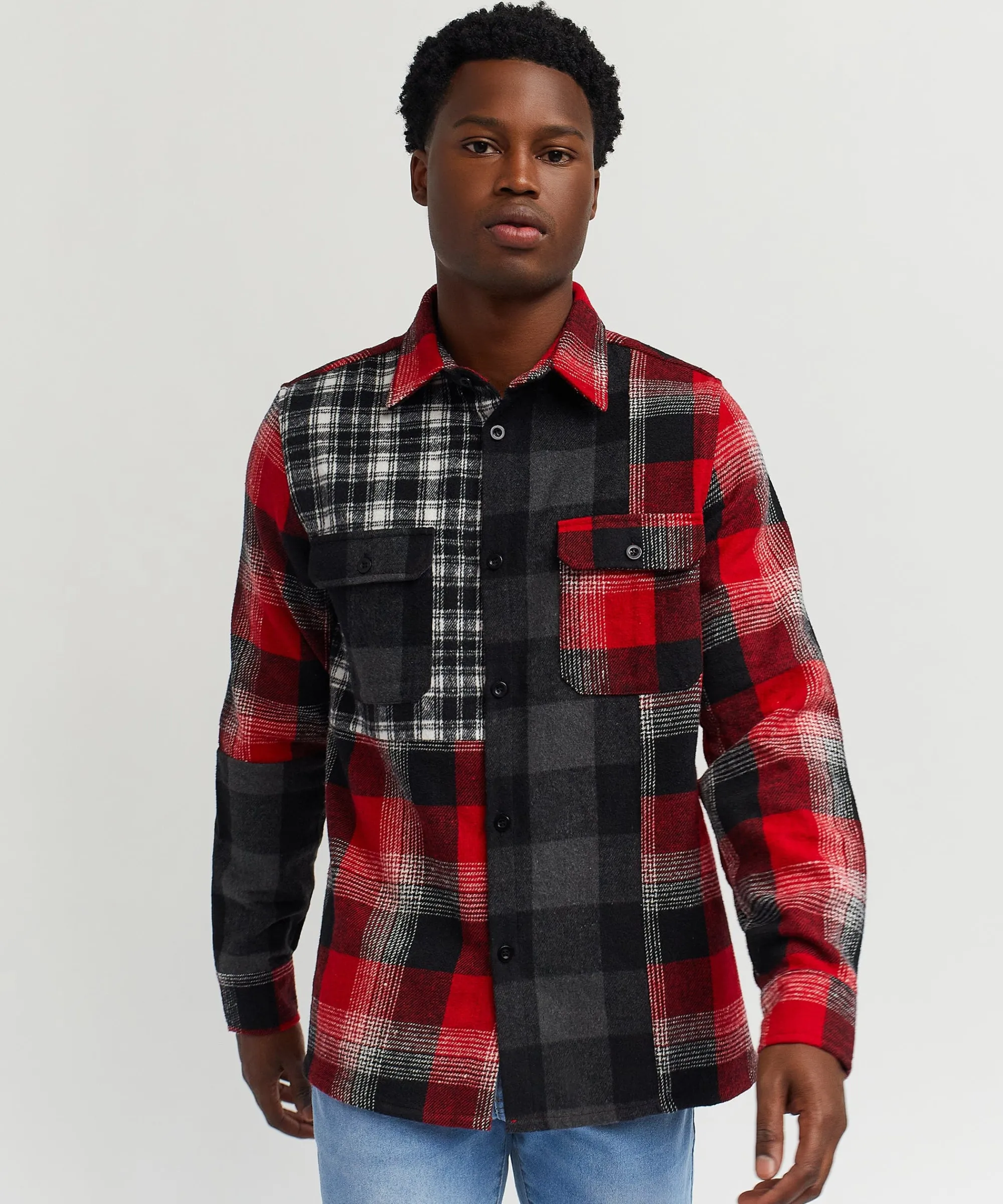 multi_panel_checkered_overshirt__red_3.webp Fashion Multi Panel Checkered Overshirt - Red Flannels | Button Downs