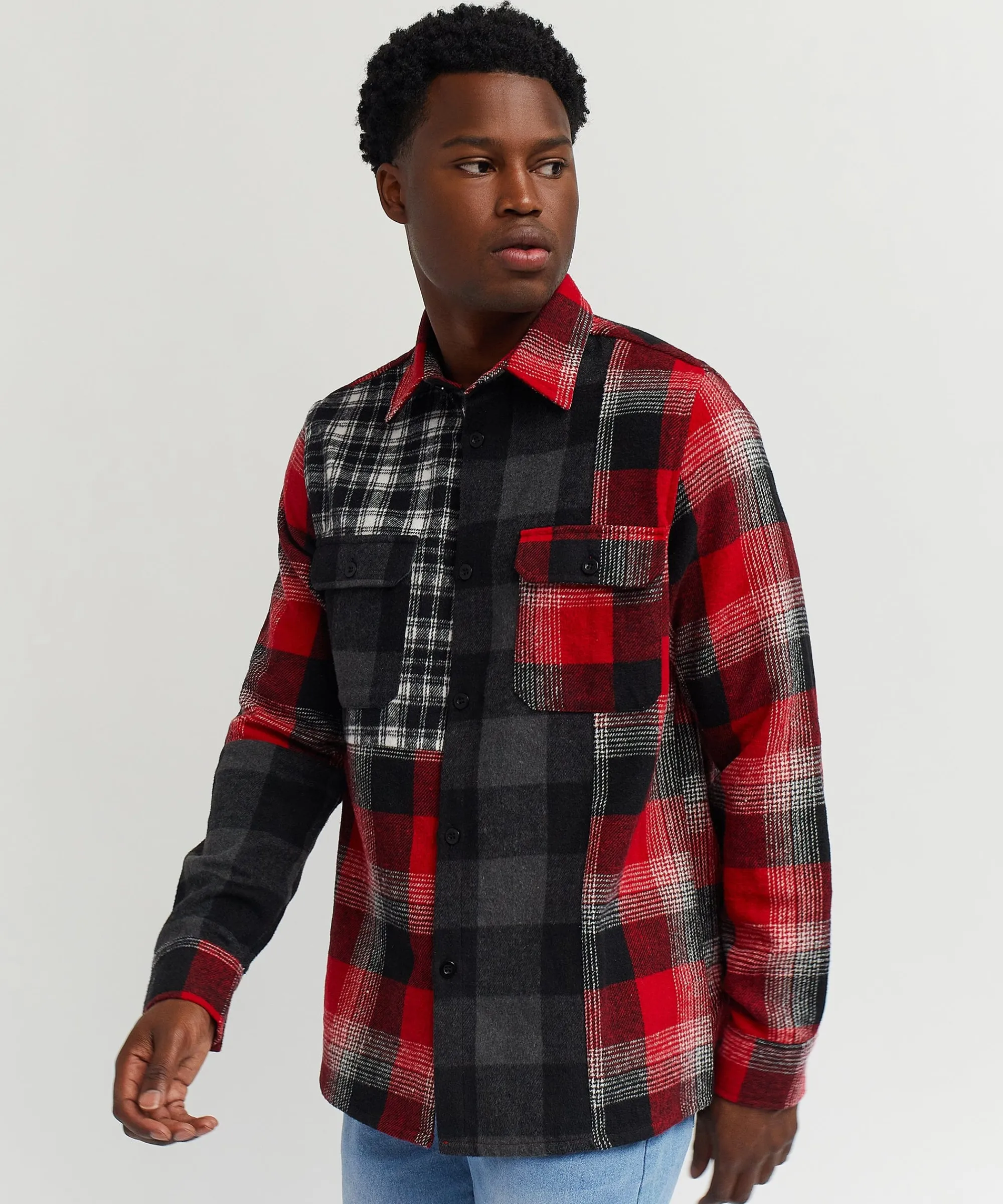 multi_panel_checkered_overshirt__red_4.webp Fashion Multi Panel Checkered Overshirt - Red Flannels | Button Downs