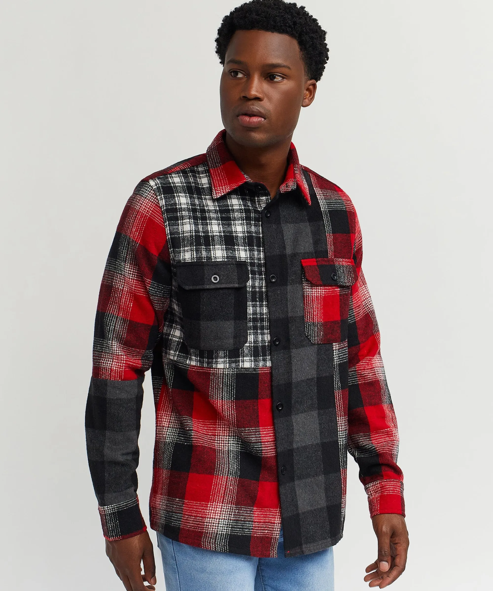 multi_panel_checkered_overshirt__red_5.webp Fashion Multi Panel Checkered Overshirt - Red Flannels | Button Downs