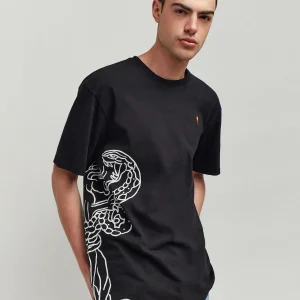 Fashion Panter Short Sleeve Graphic Print Embroidered Detail Tee - Black Graphic Tees