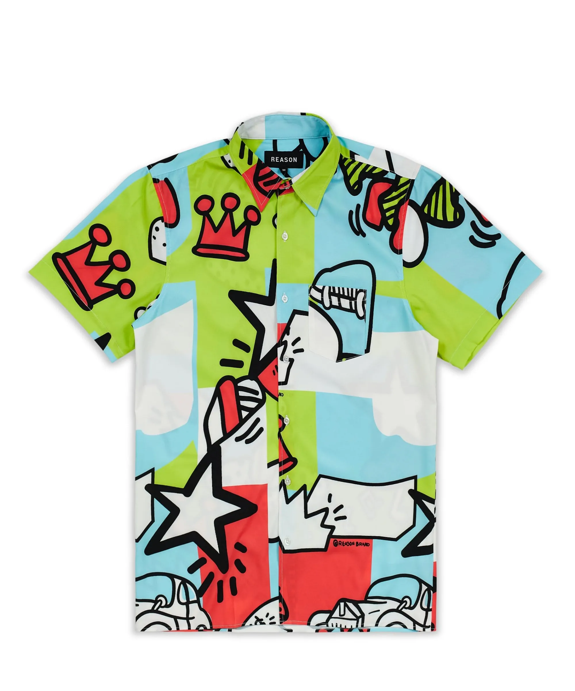 party_block_comic_print_short_sleeve_shirt__green_0.webp Sale Party Block Comic Print Short Sleeve Shirt - Green Button Downs