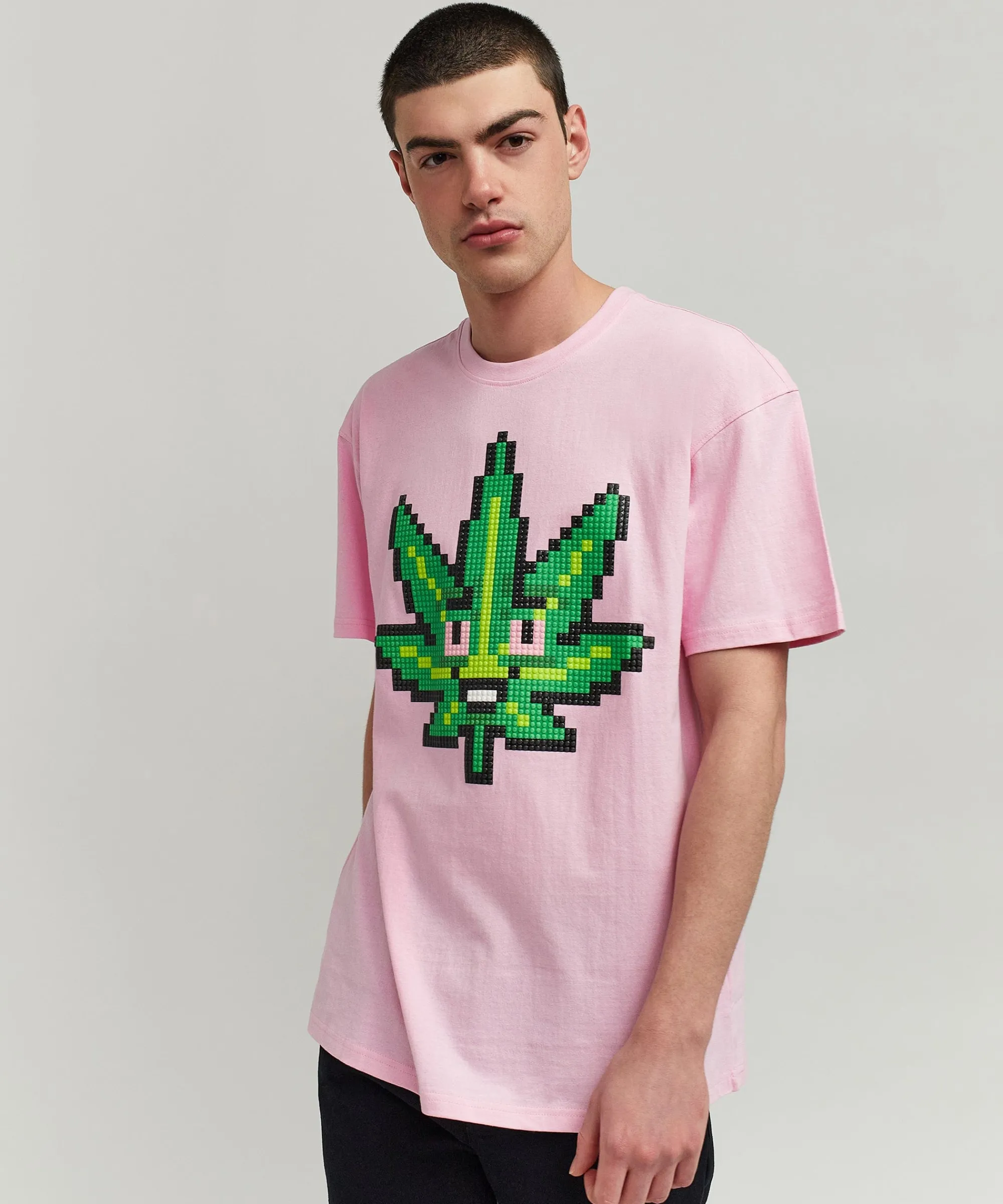 pixel_leaf_short_sleeve_tee__pink_0.webp Fashion Pixel Leaf Short Sleeve Tee - Pink Graphic Tees