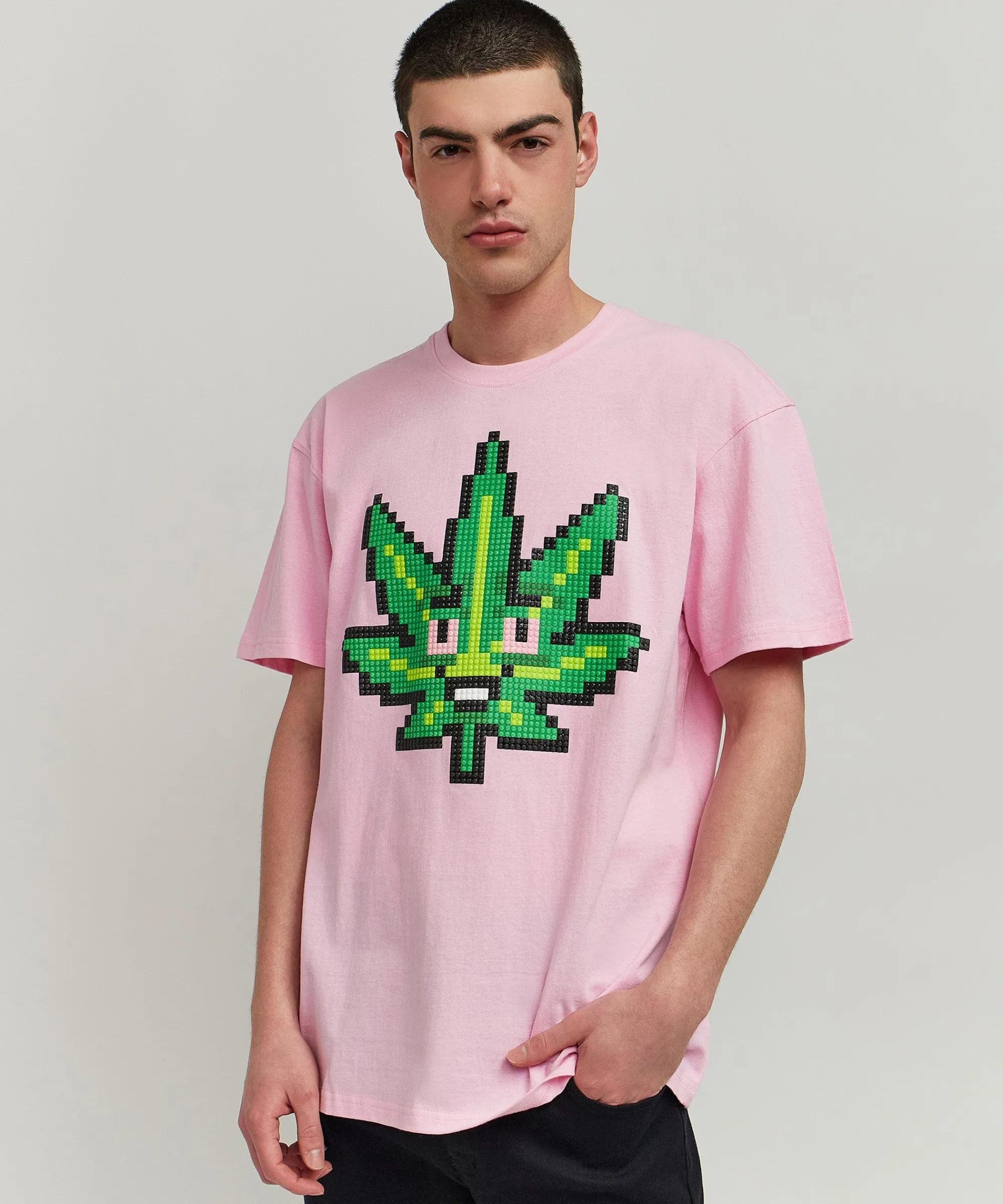 pixel_leaf_short_sleeve_tee__pink_3.webp Fashion Pixel Leaf Short Sleeve Tee - Pink Graphic Tees