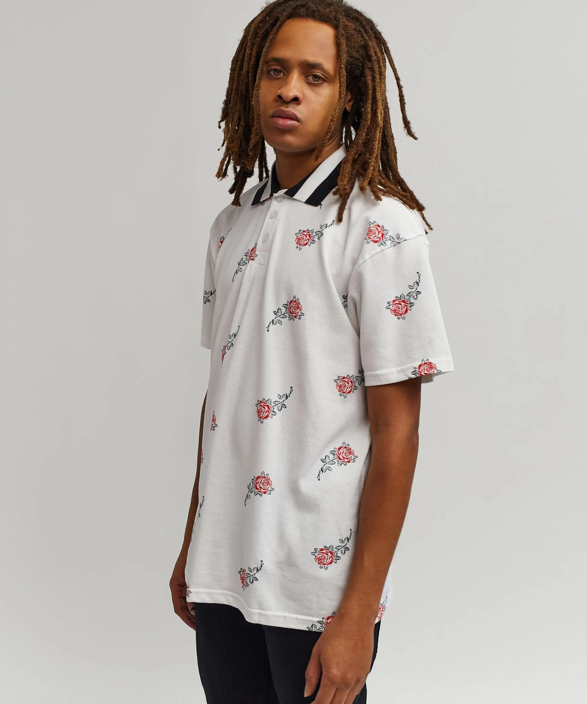 rose_allover_print_polo__white_3.webp Discount Rose Allover Print Polo - White Polos | Graphic Tees