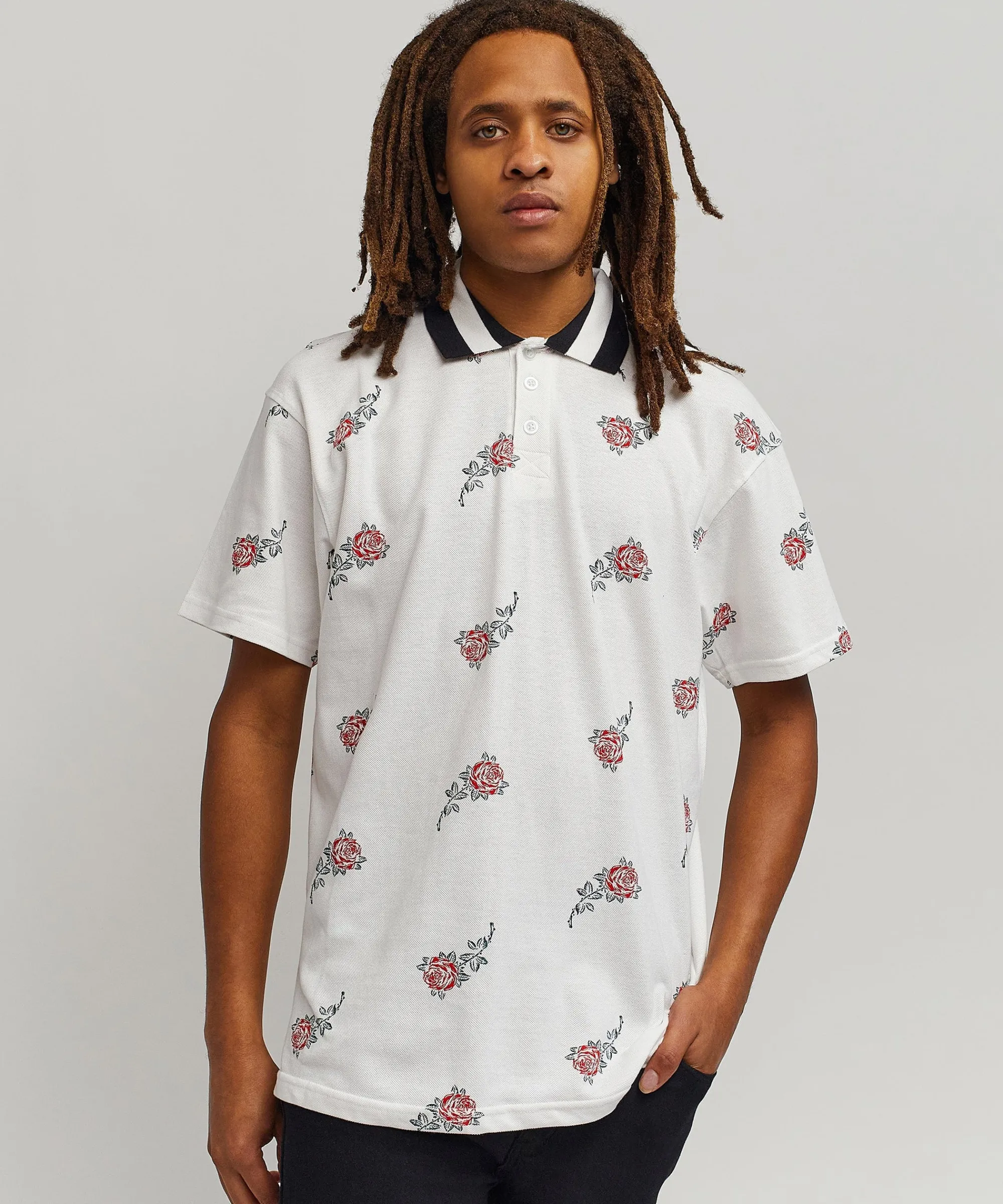 rose_allover_print_polo__white_4.webp Discount Rose Allover Print Polo - White Polos | Graphic Tees