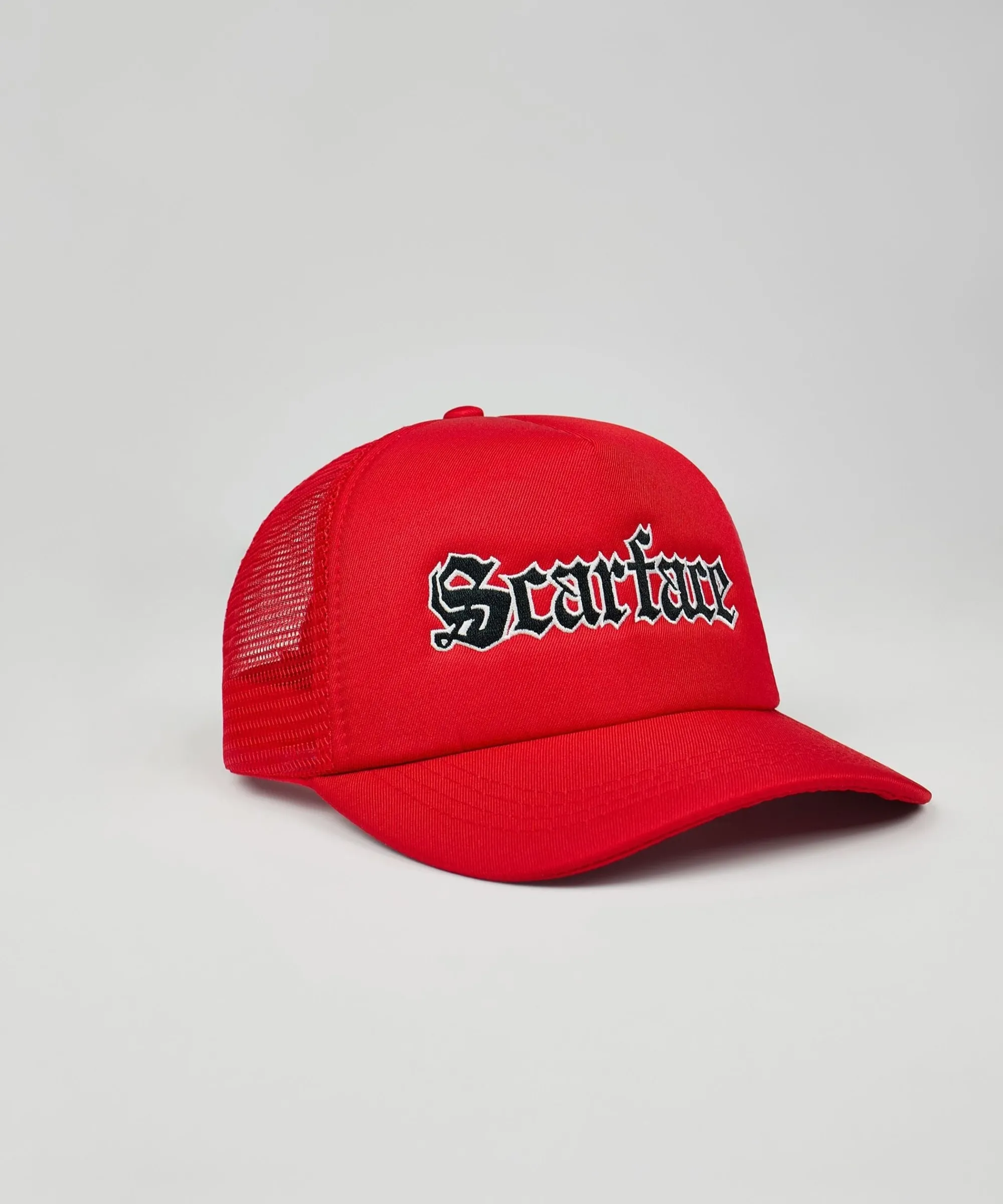 scarface_embroidered_trucker_hat__red_1.webp Hot Scarface Embroidered Trucker Hat - Red Hats