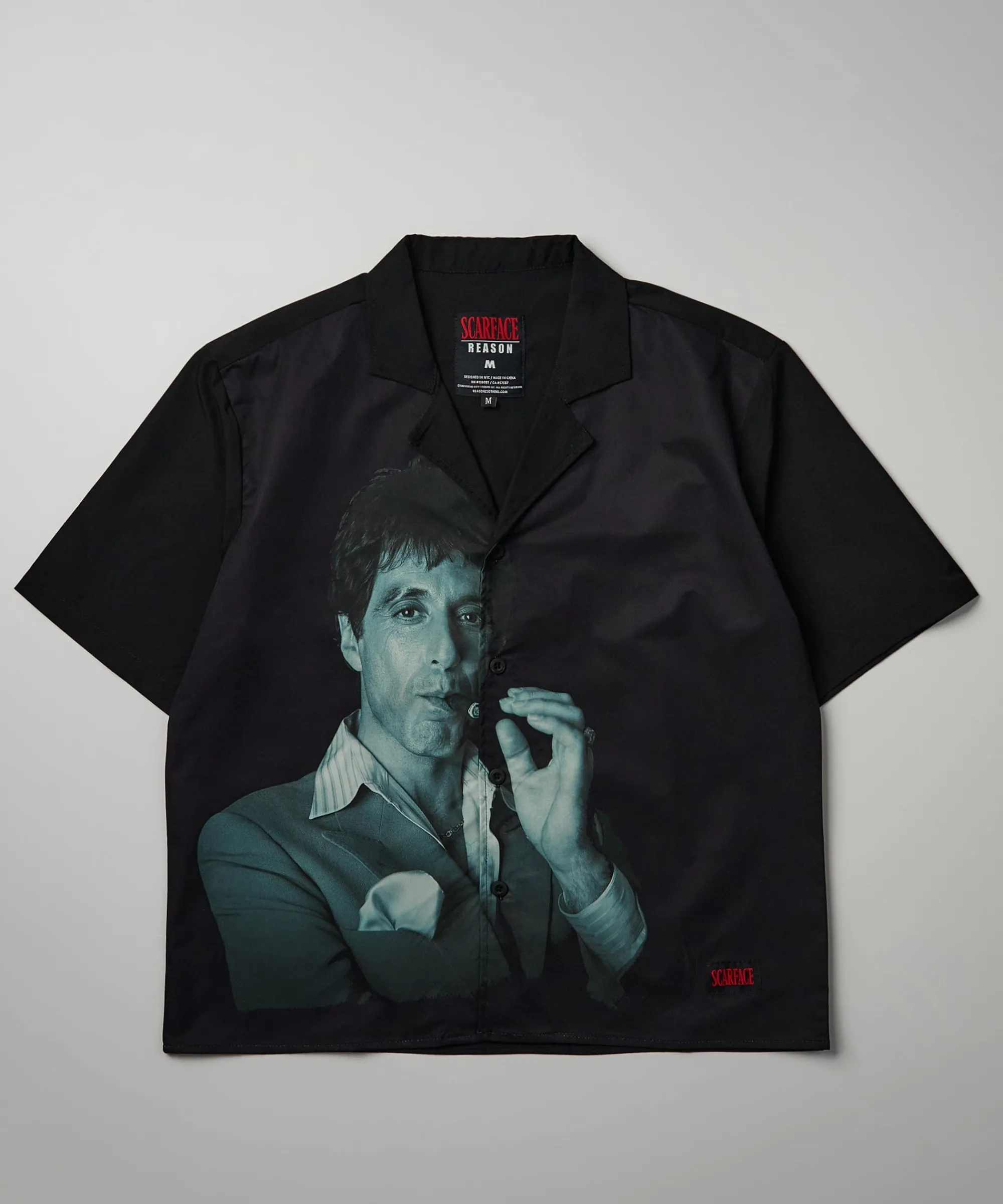 scarface_tony_montana_short_sleeve_shirt_box_fit__black_5.webp Sale Scarface Tony Montana Short Sleeve Shirt Box Fit - Black Button Downs