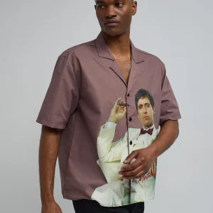 New Scarface Tony Montana Short Sleeve Shirt Box Fit - Brown Button Downs | Oversized Tees