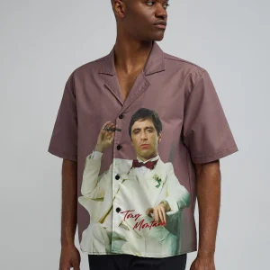 New Scarface Tony Montana Short Sleeve Shirt Box Fit - Brown Button Downs | Oversized Tees