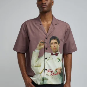 New Scarface Tony Montana Short Sleeve Shirt Box Fit - Brown Button Downs | Oversized Tees