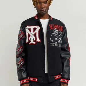 Fashion Scarface™ X Reason Collab Patched Wool Varsity Jacket - Black Varsity Jackets
