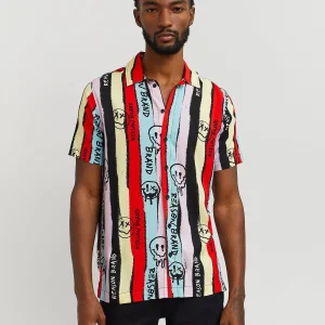 New Smiley Face Allover Print Short Sleeve Shirt Button Downs