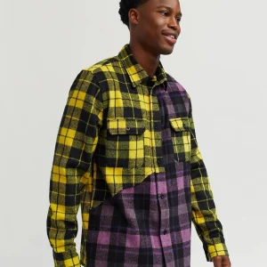 Best Spliced Checkered Color Blocked Overshirt - Purple Button Downs | Flannels