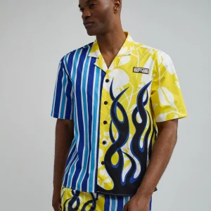 Cheap Stripes And Flames Split Short Sleeve Shirt Button Downs