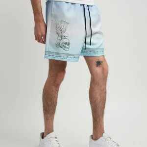 Clearance Styx Skulls Linen Texture Allover Print Shorts - Light Blue Shop All Bottoms | Shorts