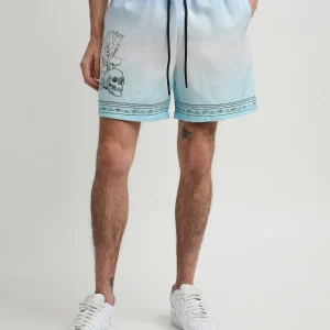 Clearance Styx Skulls Linen Texture Allover Print Shorts - Light Blue Shop All Bottoms | Shorts