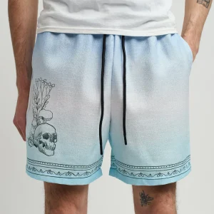 Clearance Styx Skulls Linen Texture Allover Print Shorts - Light Blue Shop All Bottoms | Shorts
