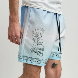 Clearance Styx Skulls Linen Texture Allover Print Shorts - Light Blue Shop All Bottoms | Shorts