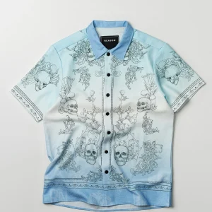 Fashion Styx Skulls Linen Texture Short Sleeve Button Down Shirt - Light Blue Button Downs