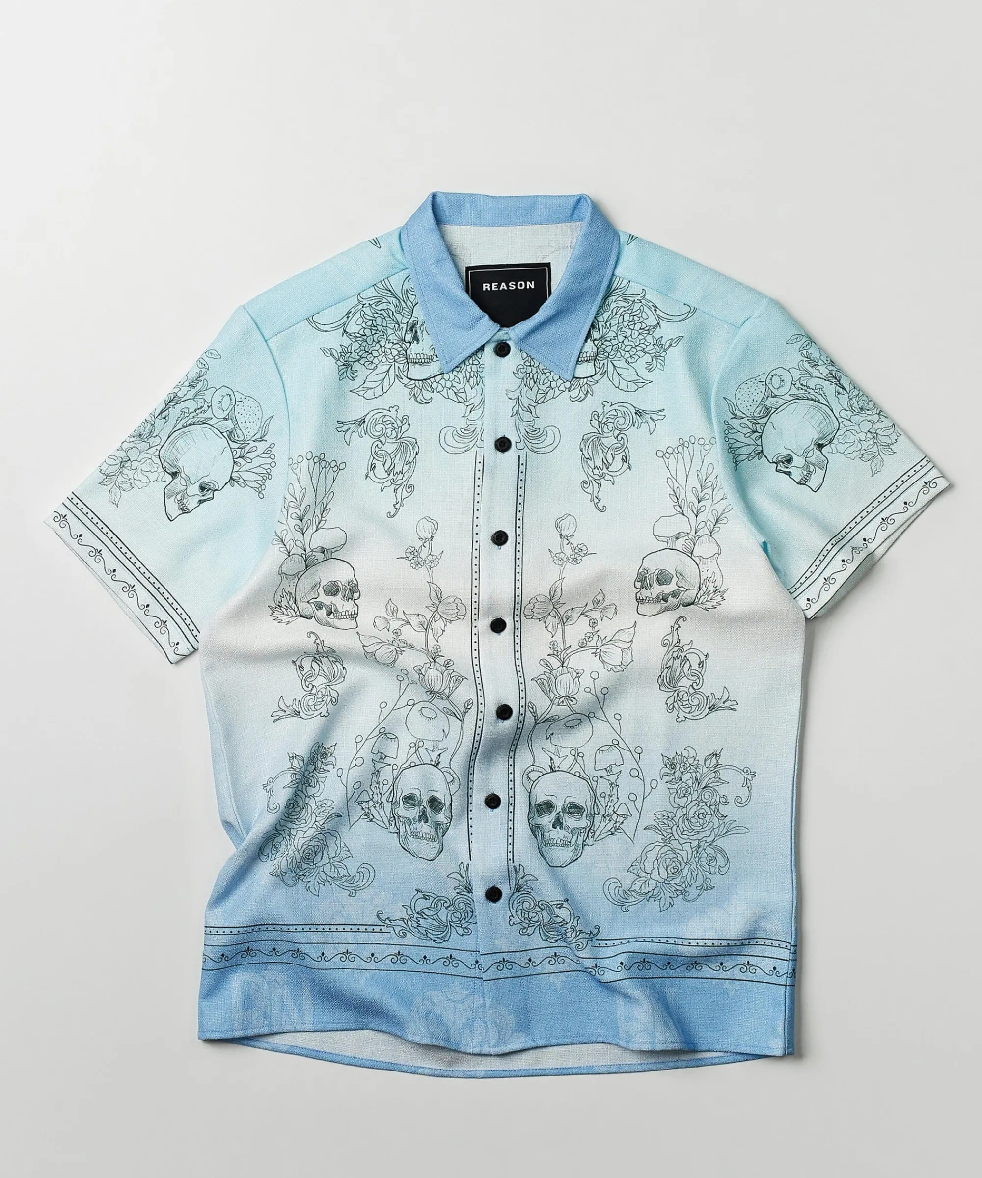 Fashion Styx Skulls Linen Texture Short Sleeve Button Down Shirt - Light Blue Button Downs
