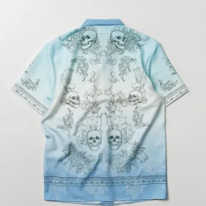 Fashion Styx Skulls Linen Texture Short Sleeve Button Down Shirt - Light Blue Button Downs