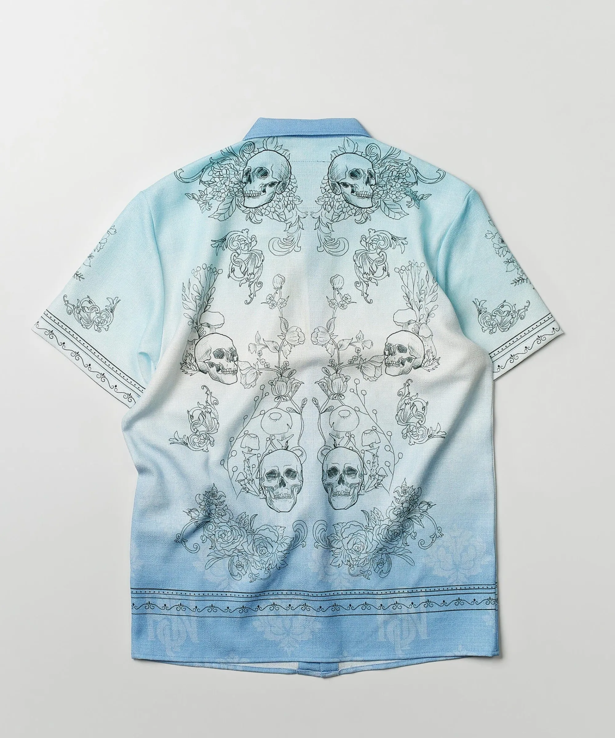 Fashion Styx Skulls Linen Texture Short Sleeve Button Down Shirt - Light Blue Button Downs