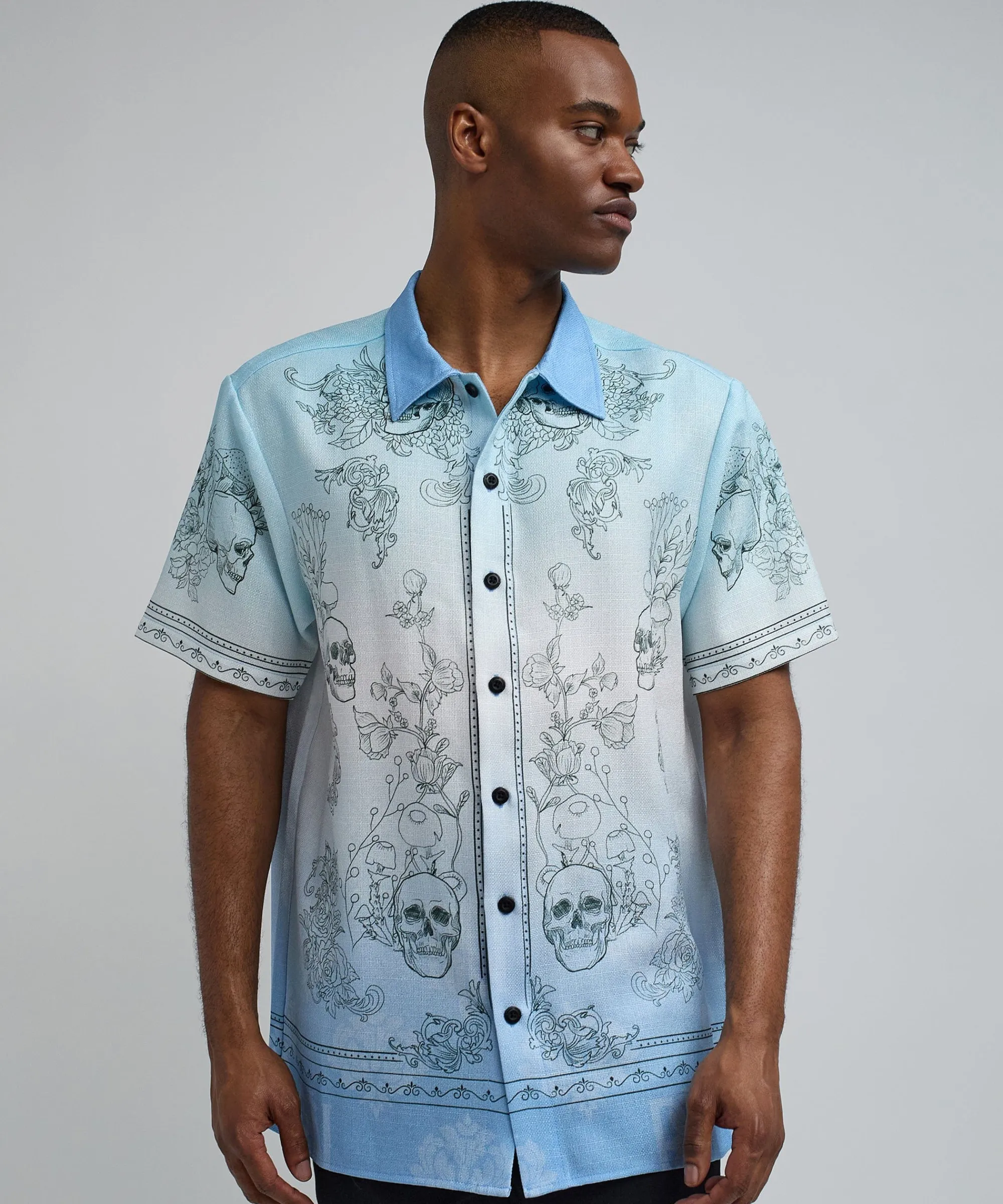 Fashion Styx Skulls Linen Texture Short Sleeve Button Down Shirt - Light Blue Button Downs