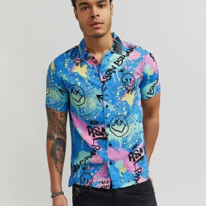 Hot Technicolor Allover Print Short Sleeve Shirt Button Downs