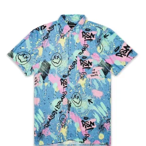 Hot Technicolor Allover Print Short Sleeve Shirt Button Downs
