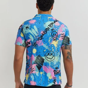 Hot Technicolor Allover Print Short Sleeve Shirt Button Downs