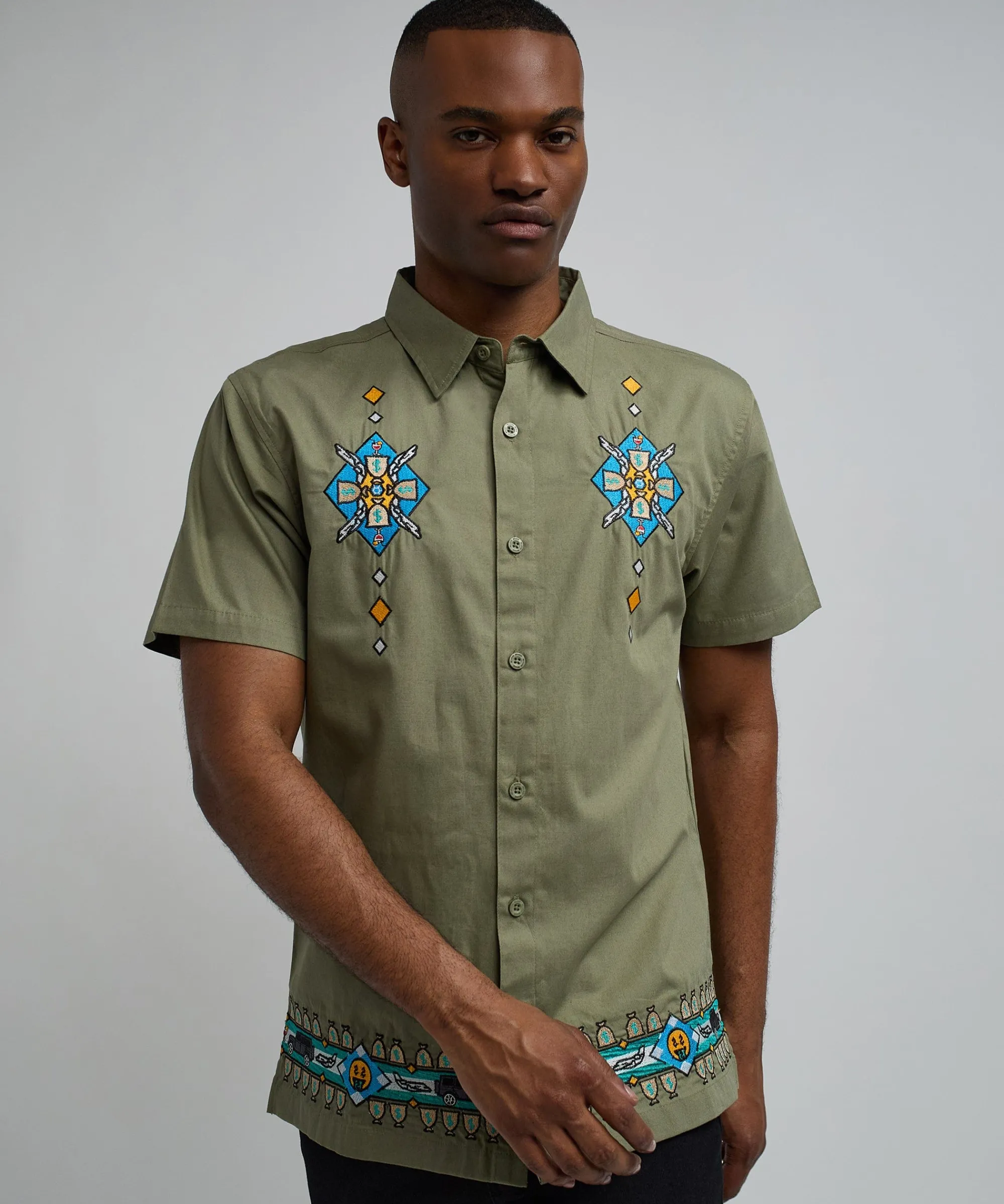 zona_embroidery_cuban_short_sleeve_shirt__olive_green_0.webp Best Sale Zona Embroidery Cuban Short Sleeve Shirt - Olive Green Button Downs