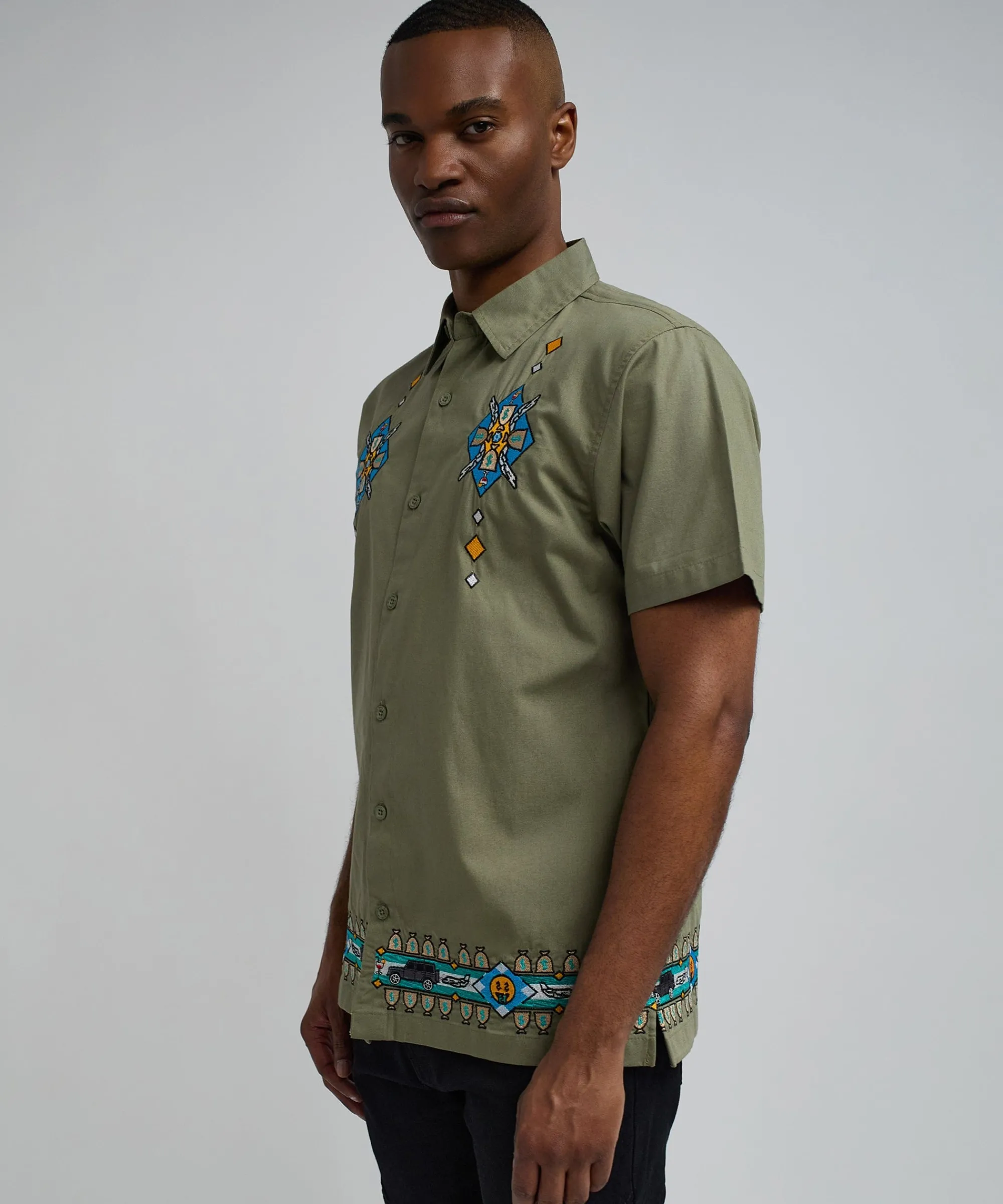 zona_embroidery_cuban_short_sleeve_shirt__olive_green_1.webp Best Sale Zona Embroidery Cuban Short Sleeve Shirt - Olive Green Button Downs