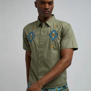 Best Sale Zona Embroidery Cuban Short Sleeve Shirt - Olive Green Button Downs