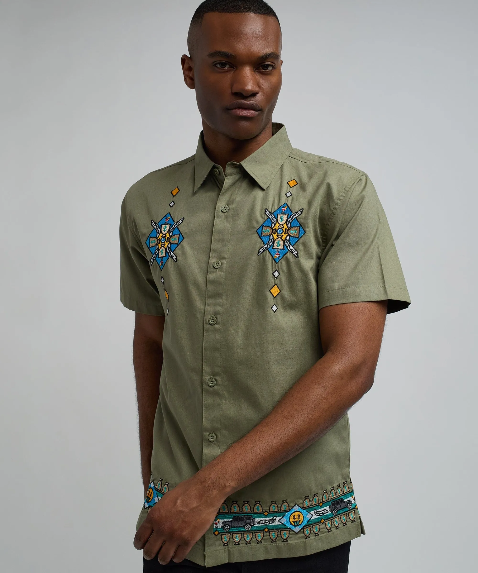 zona_embroidery_cuban_short_sleeve_shirt__olive_green_2.webp Best Sale Zona Embroidery Cuban Short Sleeve Shirt - Olive Green Button Downs