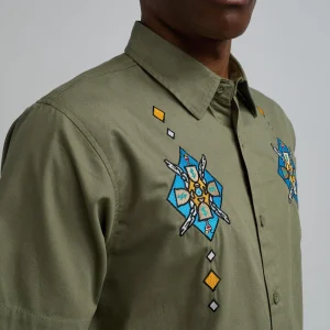 Best Sale Zona Embroidery Cuban Short Sleeve Shirt - Olive Green Button Downs