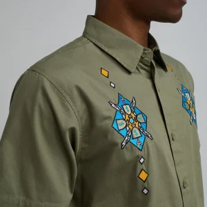 Best Sale Zona Embroidery Cuban Short Sleeve Shirt - Olive Green Button Downs