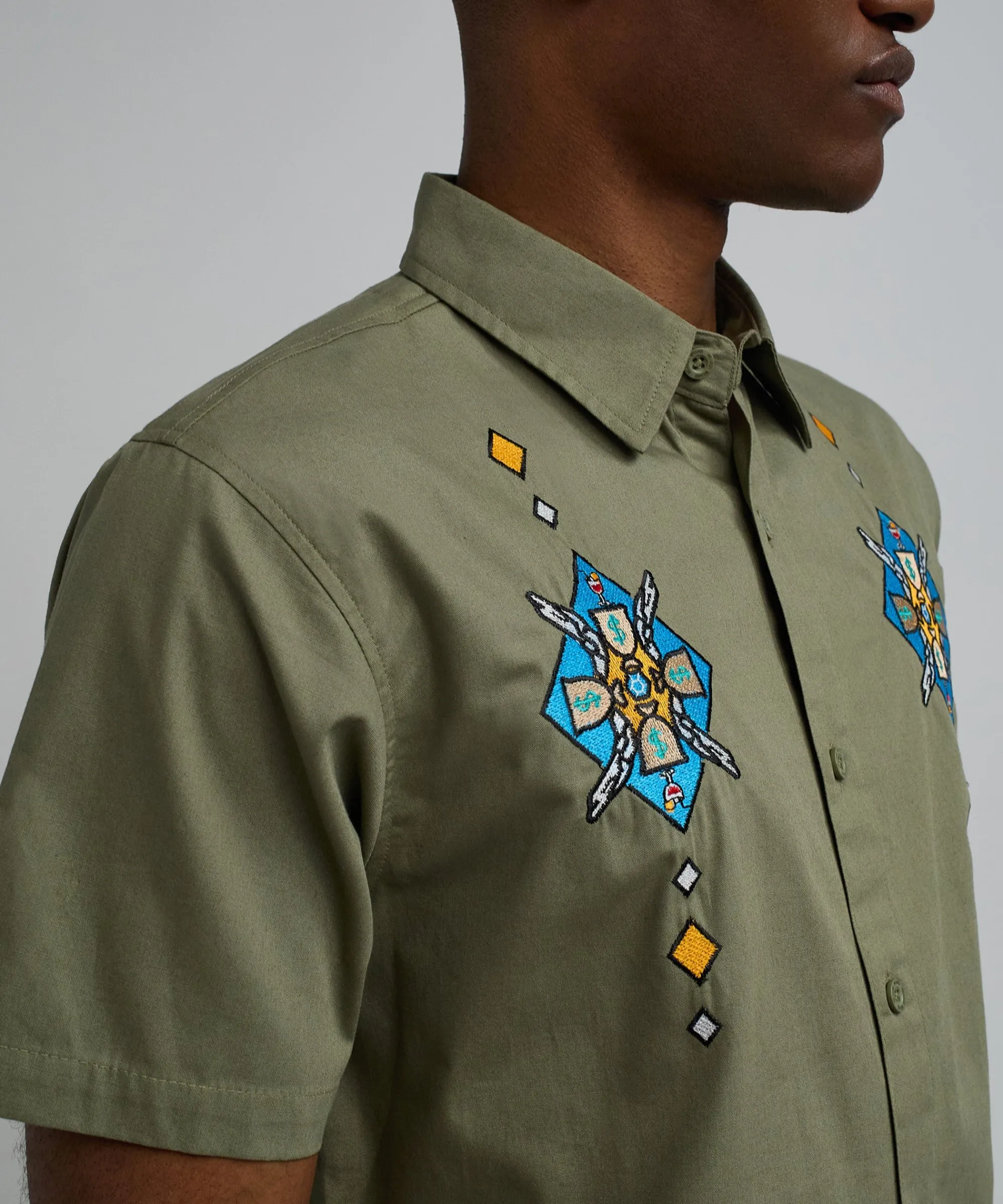 zona_embroidery_cuban_short_sleeve_shirt__olive_green_4.webp Best Sale Zona Embroidery Cuban Short Sleeve Shirt - Olive Green Button Downs
