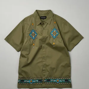 Best Sale Zona Embroidery Cuban Short Sleeve Shirt - Olive Green Button Downs